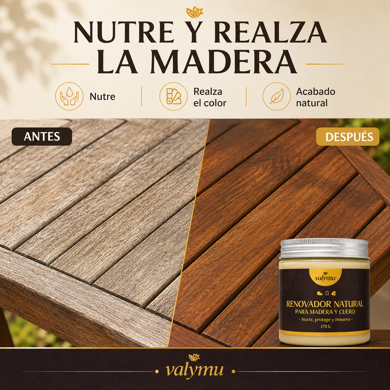 Renovador con cera de abeja aplicado sobre madera para realzar su acabado