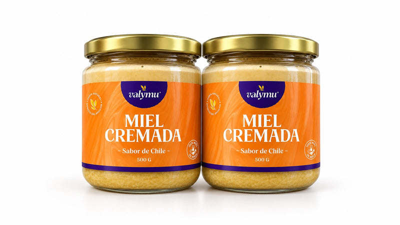 Dos frascos cerrados de miel cremada Valymu de 500 g