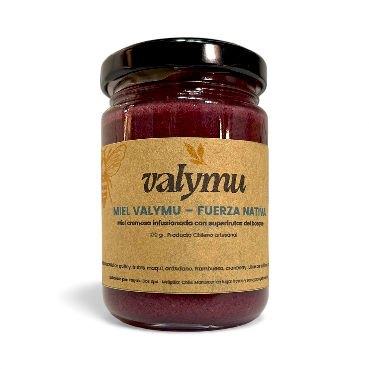Miel Fuerza Nativa Valymu con frutos rojos (cranberry, frambuesa, maqui y arándano) en frasco de 170 g