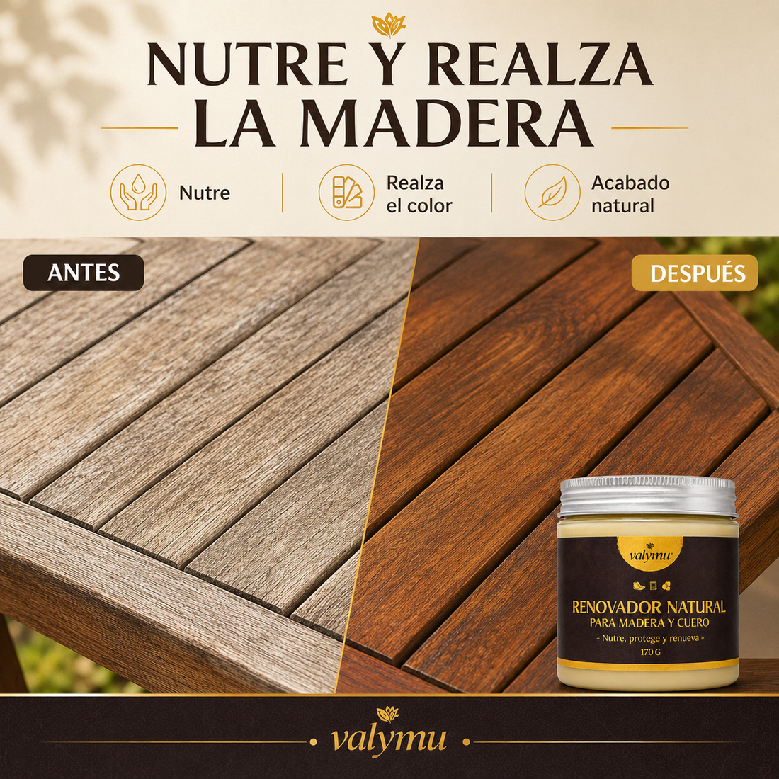 Renovador con cera de abeja aplicado sobre madera para realzar su acabado