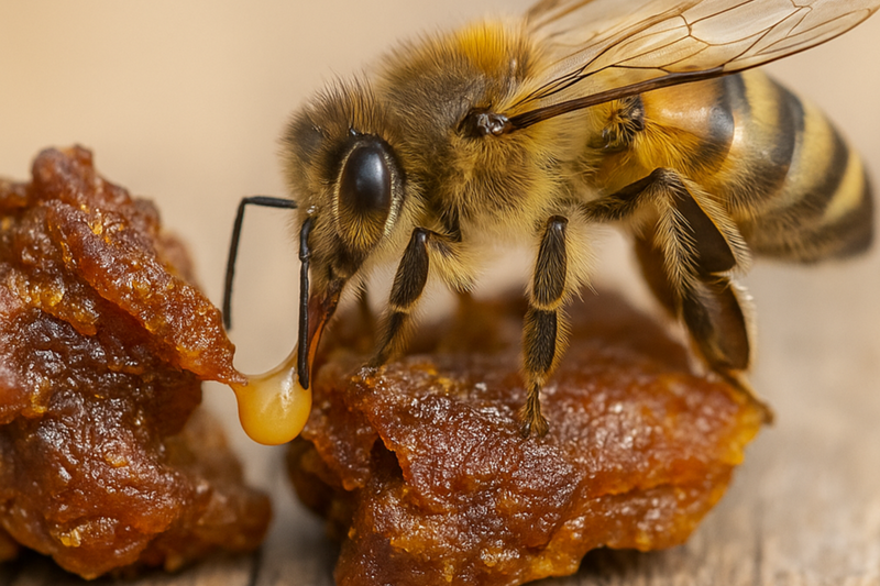 Abeja trabajando con propóleo en una colmena Valymu