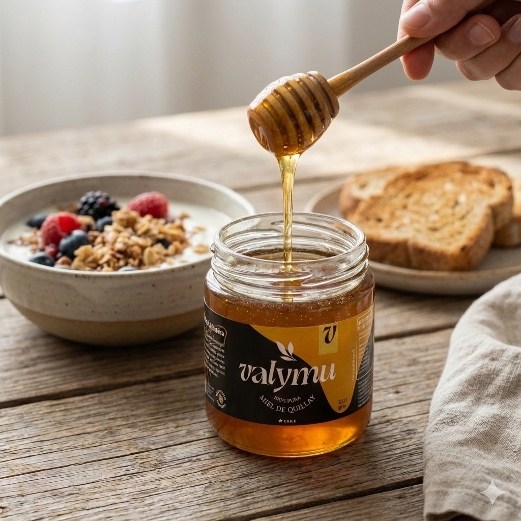 Frasco de miel de quillay Valymu con cuchara de madera, para preparar miel con sal