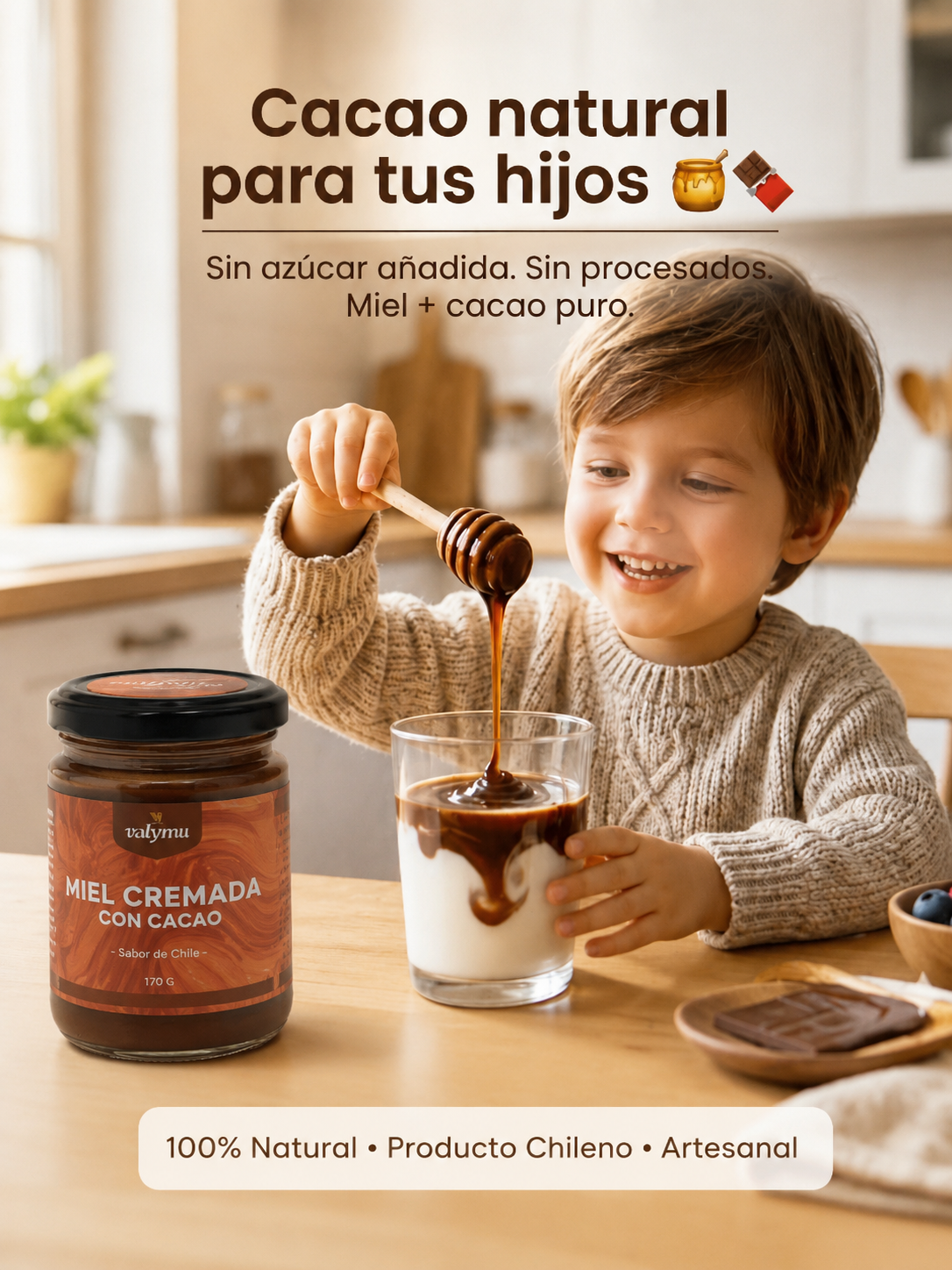 Miel con Cacao Valymu servida sobre pan
