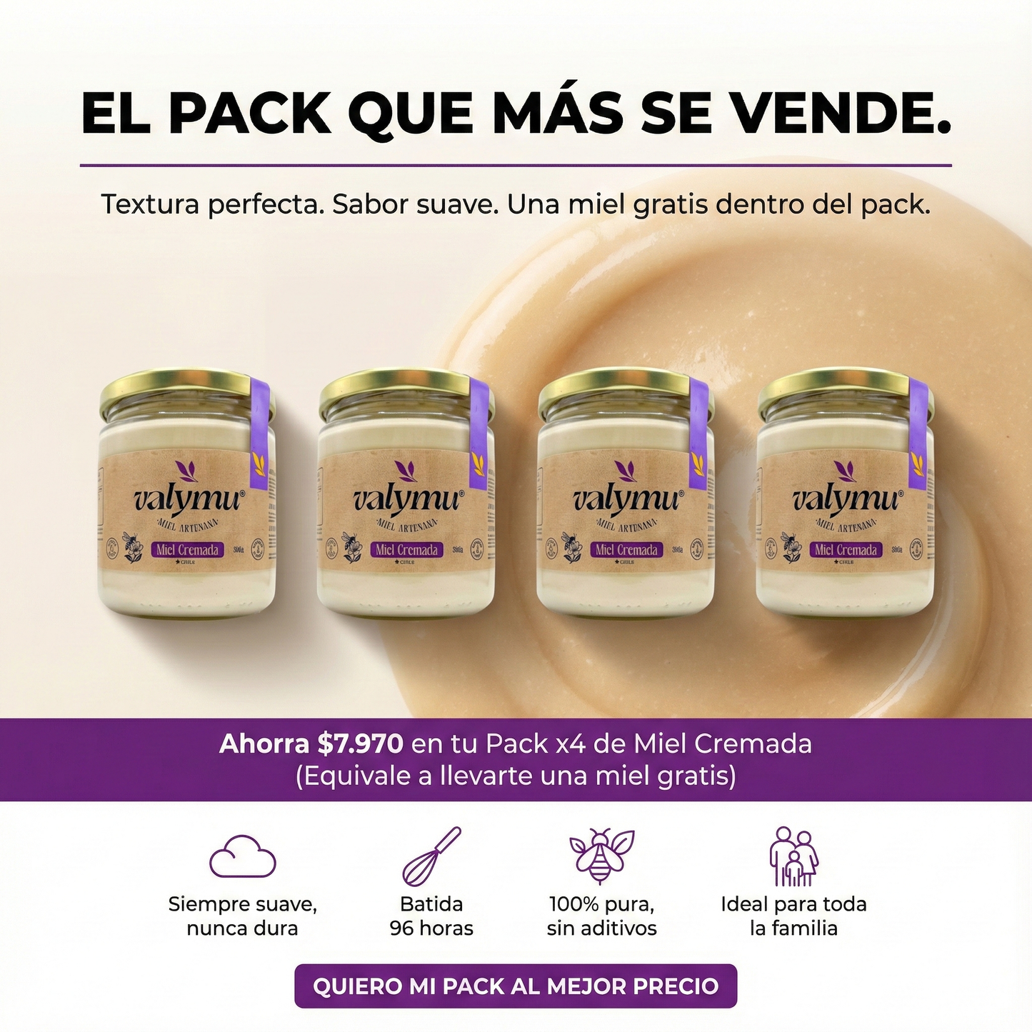 Pack Ahorro x4 Miel Cremada de Quillay (500g c/u) - Textura Mousse