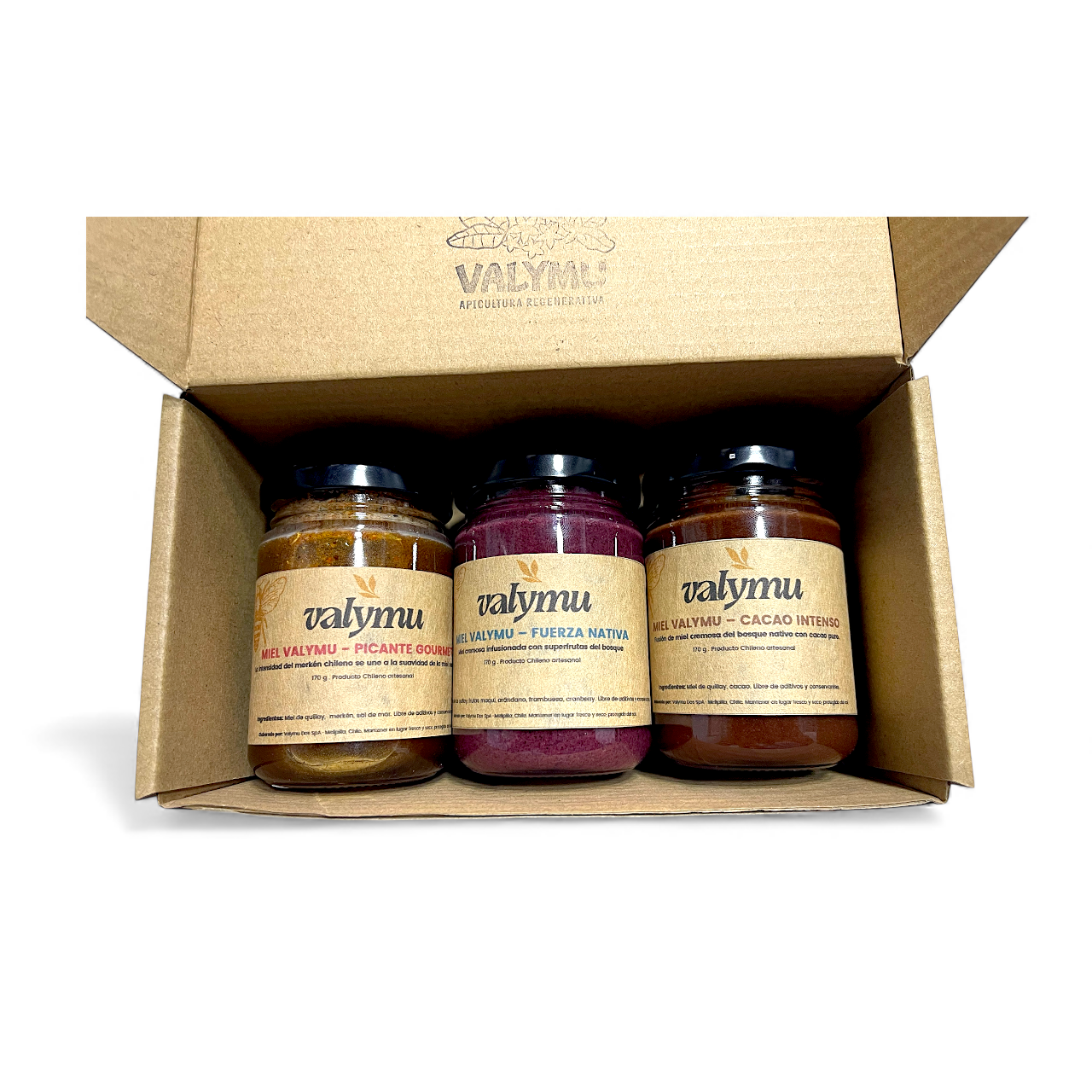 Pack 3 Mieles con Mezclas Naturales Valymu – Cacao, Frutos Rojos y Picante Merkén (170 g c/u) 🍯🍫🍓🔥
