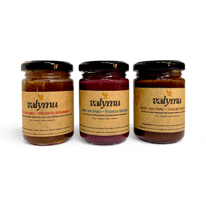 Pack 3 mieles Valymu con mezclas naturales – cacao, frutos rojos y picante 170 g cada una