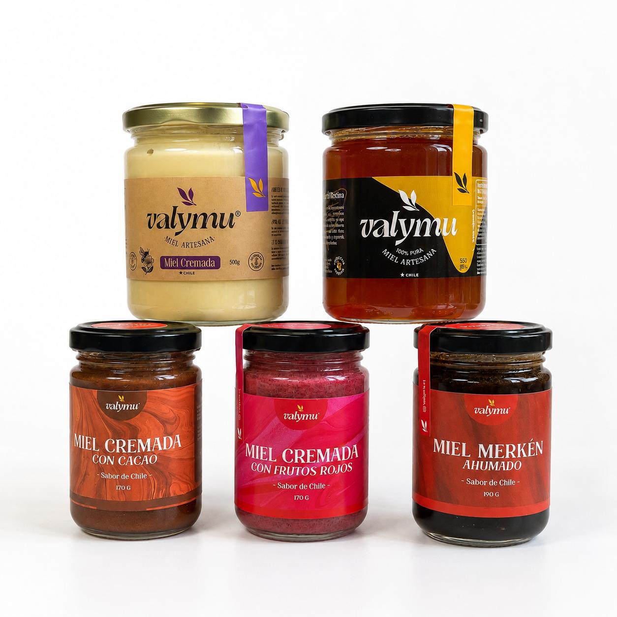 Pack Premium de Mieles Valymu con Miel Cremada, Miel de Quillay y sabores gourmet de cacao, frutos rojos y merkén ahumado