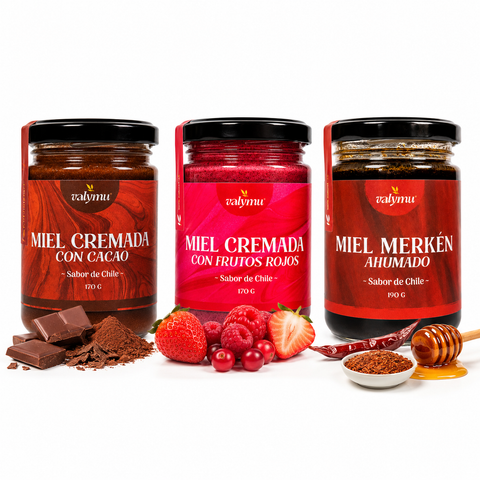 Pack Degustación Gourmet Valymu: miel con cacao, frutos rojos y merkén ahumado