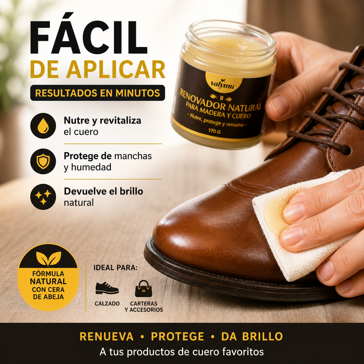 Renovador de Muebles, Madera y Cuero Valymu - Cera de Abeja Natural (170g)