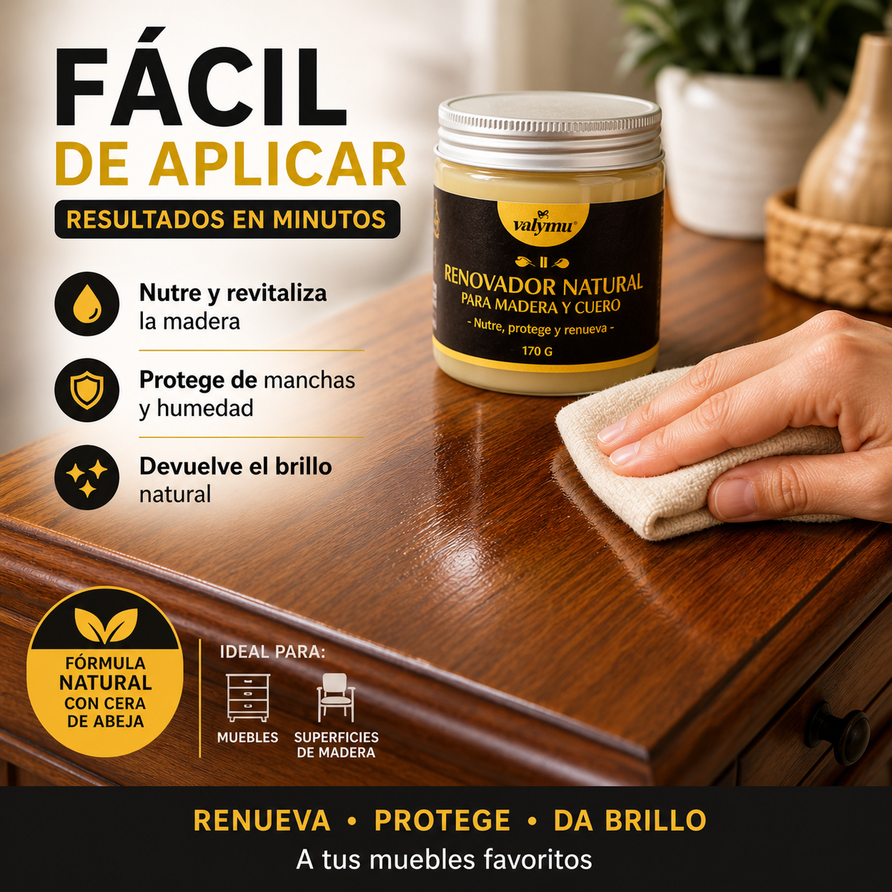 Renovador de Muebles, Madera y Cuero Valymu - Cera de Abeja Natural (170g)