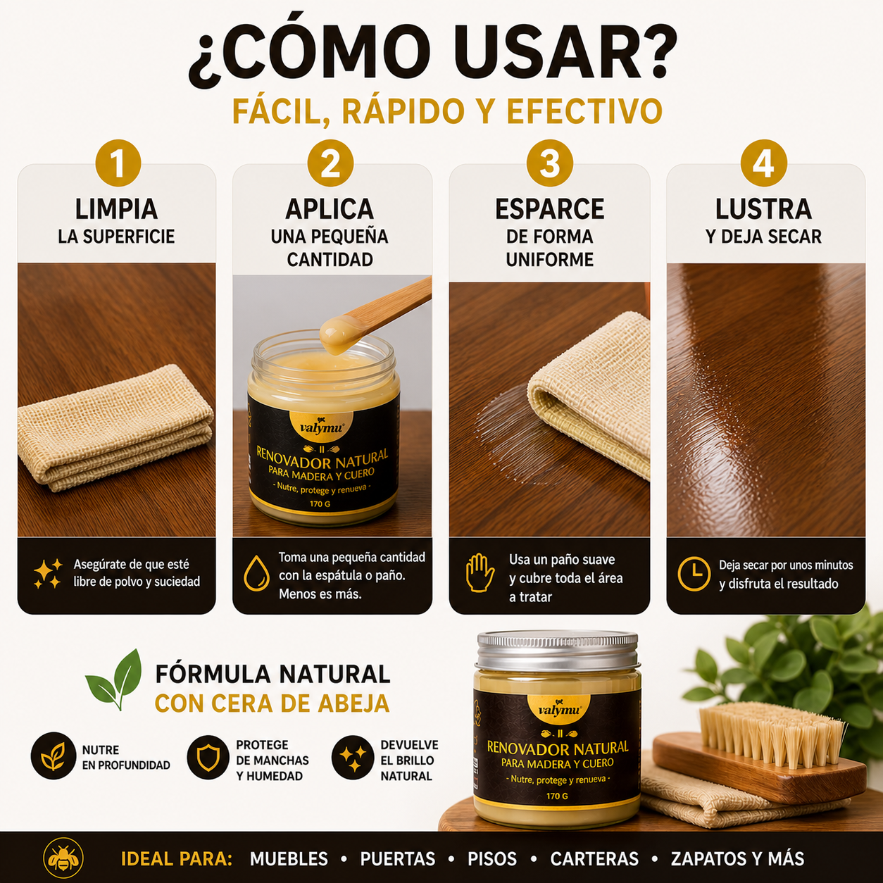 Renovador de Muebles, Madera y Cuero Valymu - Cera de Abeja Natural (170g)