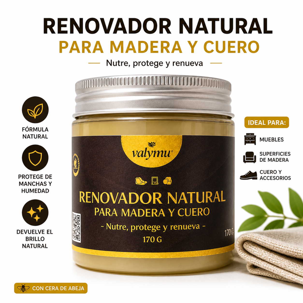 Renovador de Muebles, Madera y Cuero Valymu - Cera de Abeja Natural (170g)