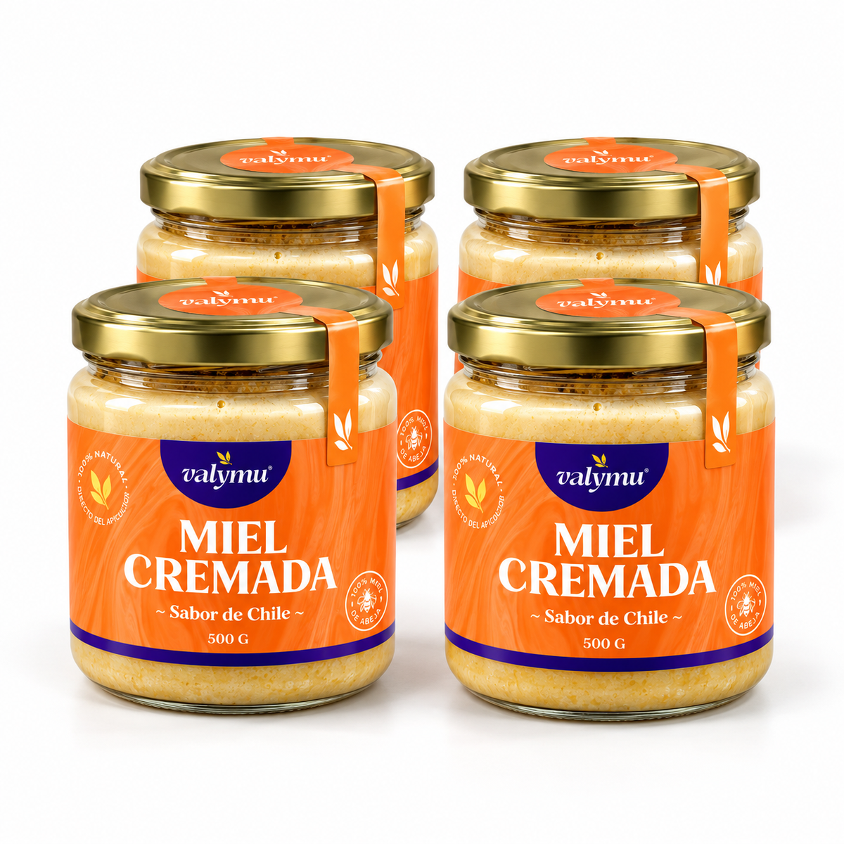 Pack x4 de Miel Cremada de Quillay Valymu, cuatro frascos de 500 g con la nueva etiqueta