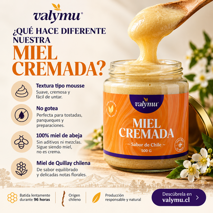 Qué hace diferente la Miel Cremada Valymu: textura tipo mousse, no gotea y es 100% miel de abeja