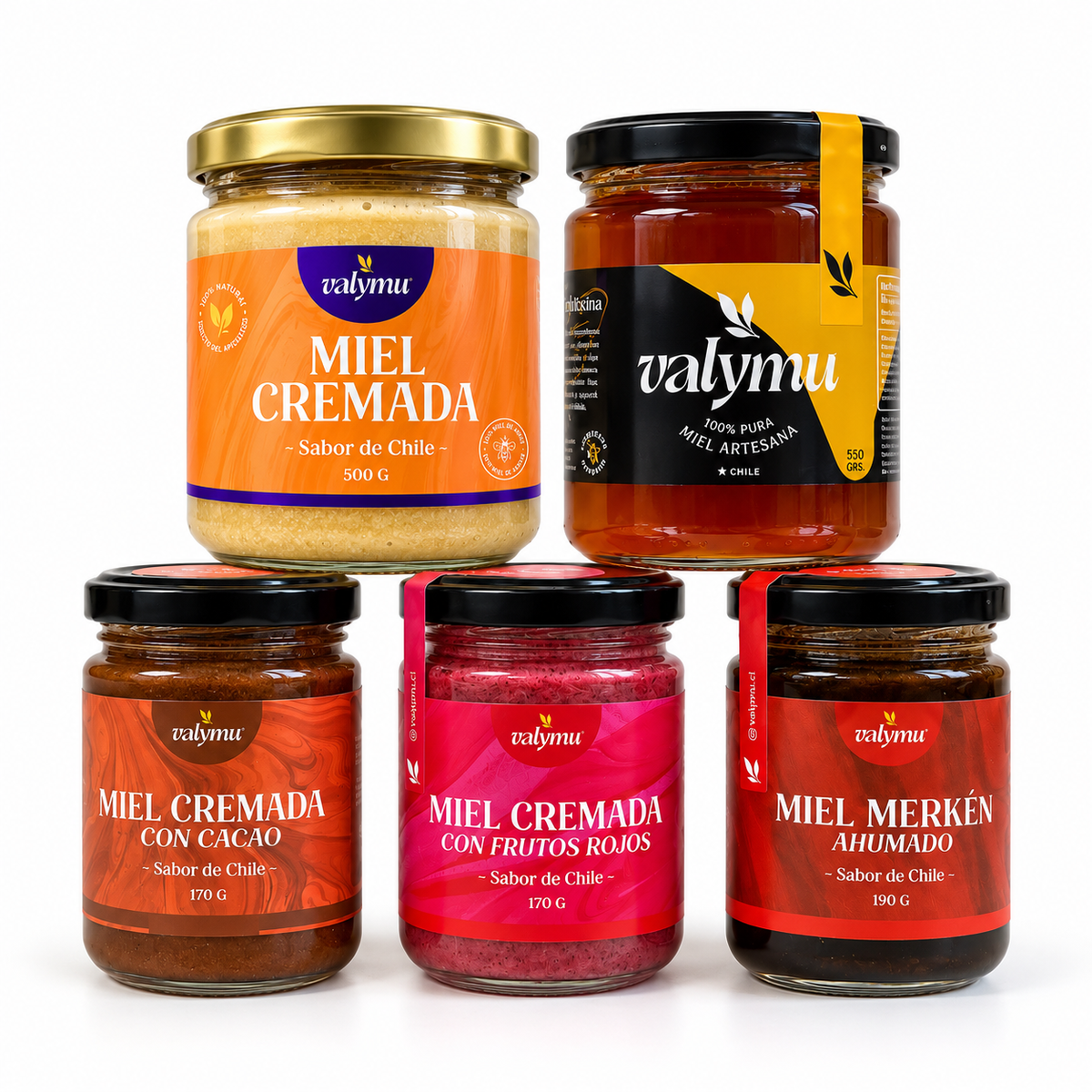Pack Premium de Mieles Valymu: miel cremada, miel de quillay pura y mieles gourmet de cacao, frutos rojos y merkén ahumado